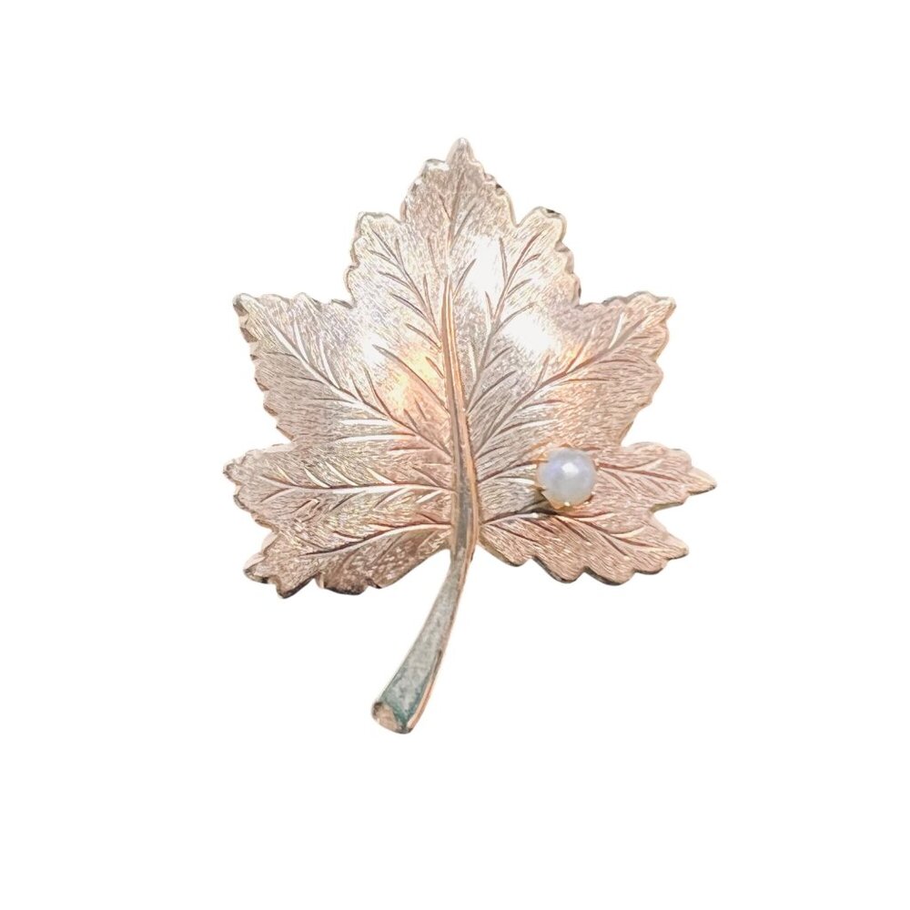 Sarah Coventry Gold Tone And Faux Pearl Leaf Brooch Signed (4784-1-2)